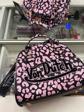 Von Dutch Pink and Black Leopard Mini Dome Satchel